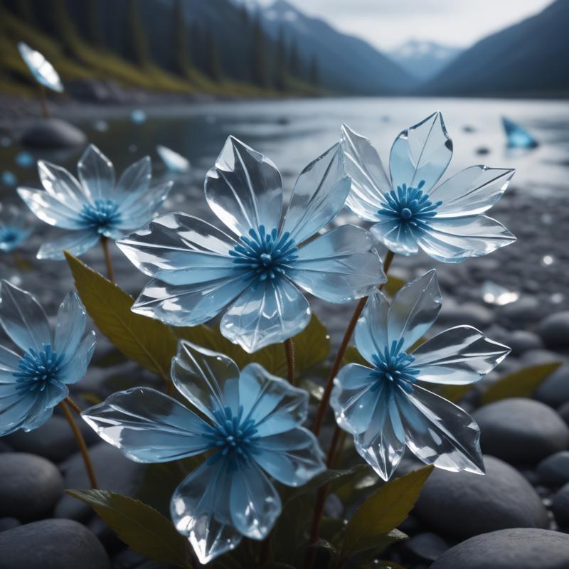 10722-2896041965-Cinematic still of a few beautiful pale blue glass flowers made out of glass in an Alaska River. Shallow depth of .png